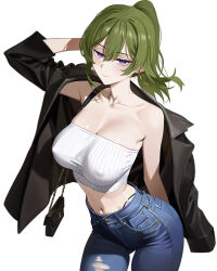 1girl absurdres arm_at_side arm_behind_head armpit_crease bag black_bag black_panties blue_pants blurry_edges breasts cleavage closed_mouth collarbone commentary_request covered_erect_nipples cowboy_shot crop_top dated_commentary denim double-parted_bangs earrings eyelashes green_eyes hair_between_eyes hand_up handbag highres hoop_earrings jacket jeans jewelry jmx_(j_m_x) large_breasts leather leather_jacket light_blush long_bangs long_sleeves looking_at_viewer midriff navel no_bra off_shoulder open_clothes open_jacket panties pants panty_straps ponytail purple_eyes ribbed_tube_top shiny_skin simple_background smile solo sousou_no_frieren standing stomach strapless torn_clothes torn_pants tube_top ubel_(sousou_no_frieren) underwear white_background white_tube_top