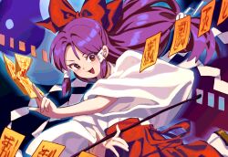 1girl :d bow brown_eyes brown_sandals commentary_request danmaku gohei hair_bow hakama hakama_pants hakurei_reimu hakurei_reimu_(pc-98) happy highres holding holding_gohei japanese_clothes kimono long_hair long_sleeves ofuda open_mouth orb pants purple_hair red_bow red_hakama red_skirt sandals skirt smile socks solo touhou touhou_(pc-98) tuck_(tuck23978434) very_long_hair white_kimono white_socks wide_sleeves yin_yang yin_yang_orb