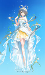 1girl absurdres artist_name blue_background bow-shaped_hair choker daffodil dated dress flower full_body gradient_background green_eyes grey_hair hair_flower hair_ornament high-low_dress highres lace lace_choker leg_ribbon long_hair looking_at_viewer low_twintails luo_tianyi morimori_(14292311) orange_skirt parted_lips ribbon shoes skirt skirt_under_dress solo strapless strapless_dress twintails very_long_hair vocaloid vsinger_(vocaloid) white_choker white_dress white_flower white_shoes