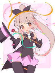 1girl :d alternate_costume alternate_hairstyle bare_shoulders black_bow black_bowtie black_gloves black_thighhighs bow bowtie brown_eyes commentary_request confetti cowboy_shot elbow_gloves gloves hair_bow hat high_ponytail highres holding holding_unworn_clothes holding_unworn_hat holding_wand long_hair looking_at_viewer onii-chan_wa_oshimai! open_mouth outline oyama_mahiro pink_background pink_hair pink_skirt ponytail simple_background skirt smile solo streamers thighhighs top_hat unkimo unworn_hat unworn_headwear very_long_hair wand white_outline