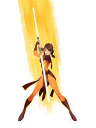 1girl absurdres bastila_shan bodysuit boots brown_boots brown_hair double_bladed_lightsaber energy_sword green_eyes highres holding holding_sword holding_weapon jedi lightsaber looking_at_viewer pelvic_curtain solo star_wars star_wars:_knights_of_the_old_republic sword valerio_buonfantino weapon yellow_bodysuit yellow_lightsaber