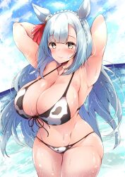 Rule 34 | 1girl, animal ears, animal print, blue hair, blush, bow, braid, breasts, cleavage, cow print, crown braid, ear ornament, ear ribbon, groin, highres, horse ears, horse girl, huge breasts, long hair, looking at viewer, mejiro ardan (umamusume), pulmo (artist), smile, solo, umamusume