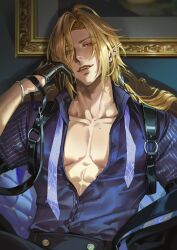 1boy abs_peek belt black_belt black_gloves blonde_hair blue_shirt collarbone commentary crovius ear_piercing english_commentary gloves green_eyes hair_between_eyes hand_up heterochromia highres hugo_vlad indoors long_hair looking_at_viewer male_focus mole mole_on_pectoral mole_under_eye multiple_moles multiple_piercings muscular muscular_male necktie o-ring o-ring_belt open_clothes open_shirt parted_lips partially_unbuttoned pectorals piercing pointy_ears purple_necktie red_eyes shirt sitting smile solo undone_necktie zenless_zone_zero