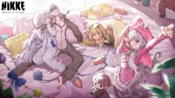 4girls absurdres alice_(nikke) animal_costume animal_ears artist_request barefoot blonde_hair blue_eyes blush breasts character_doll commander_(nikke) cosplay doll drooling fake_animal_ears frima_(nikke) goddess_of_victory:_nikke grey_hair highres jacket kigurumi large_breasts liter_(nikke) long_hair looking_at_viewer medium_breasts military_jacket military_uniform multiple_girls non-humanoid_robot open_mouth pink_eyes pink_hair poli_(nikke) robot robot_animal short_hair sleep_mask sleeping sleeping_upright smile twintails very_long_hair volt_(nikke) white_hair yellow_eyes