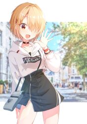 1girl :d =_hair_ornament alternate_costume arm_at_side bag black_choker black_skirt blonde_hair blush bracelet casual choker collarbone commentary_request cowboy_shot day hair_intakes hair_ornament hairclip hand_up handbag happy heaven_burns_red high-waist_skirt highres hood hood_down hoodie jewelry kayamori_ruka long_sleeves looking_at_viewer o-ring o-ring_choker open_mouth outdoors outstretched_hand photo_background puffy_long_sleeves puffy_sleeves red_eyes short_hair skirt smile solo watermark waving white_hoodie xdjf63qbpt0iqmj