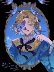 1boy aged_down androgynous axis_powers_hetalia blonde_hair blue_butterfly blue_eyes blue_sky blue_tunic blush border bug butterfly chuchu_07x dated france_(hetalia) hair_ribbon half_updo highres insect long_sleeves looking_at_viewer male_focus neck_ribbon ornate_border picture_frame ribbon short_hair sky smile solo star_(symbol) trap tunic