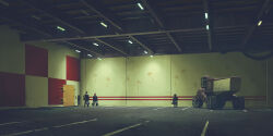 3others bag cable garage highres indoors keypad motor_vehicle multiple_others mural overhead_lights science_fiction simon_stalenhag the_labyrinth unconventional_vehicle wheel