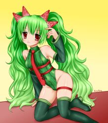 Rule 34 | 1girl, absurdres, boots, closed mouth, detached sleeves, food, food-themed clothes, food-themed hair ornament, food print, fruit, fruit print, green hair, green leotard, hair ornament, hand up, hatsune miku, highres, kigidere, leotard, long hair, long sleeves, looking at viewer, necktie, red eyes, red necktie, signature, solo, thigh boots, thigh strap, twintails, very long hair, vocaloid, watermelon, watermelon hair ornament, watermelon miku (kaatokun), watermelon print, watermelon slice