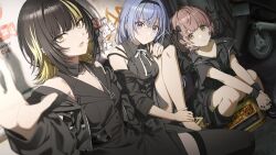 3girls barbell_piercing black_dress black_hair black_nails black_thighhighs blonde_hair blue_eyes blue_hair bow breasts brown_hair cleavage dress ear_piercing earrings game_cg graffiti hair_bow hairband highres idolmaster idolmaster_shiny_colors idolmaster_shiny_colors_song_for_prism ikaruga_luca ikuta_haruki industrial_piercing jewelry medium_breasts multicolored_hair multiple_girls neck_ribbon off_shoulder official_art open_mouth piercing punk ribbon small_breasts streaked_hair suzuki_hana thighhighs wheel wristband yellow_eyes