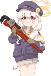 1girl aoba_(blue_archive) black_hat blonde_hair blue_archive blush cabbie_hat closed_mouth commentary cowboy_shot gloves halo hat highres holding jacket long_hair low_twintails maruji_marumaru red_eyes shaded_face simple_background solo sparkle standing sweatdrop twintails white_background wrench yellow_halo