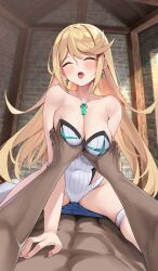 Rule 34 | 1boy, 1girl, abs, bare shoulders, blonde hair, blush, breasts, chest jewel, cleavage, competition swimsuit, core crystal (xenoblade), dark-skinned male, dark skin, grabbing another&#039;s breast, groping, highleg, highleg one-piece swimsuit, highres, indoors, interracial, large breasts, long hair, lying, matrix16, muscular, muscular male, mythra (radiant beach) (xenoblade), mythra (xenoblade), on back, one-piece swimsuit, pov, solo focus, straddling, strapless, strapless one-piece swimsuit, swimsuit, tiara, white one-piece swimsuit, xenoblade chronicles (series), xenoblade chronicles 2