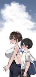 Rule 34 | 1boy, 1girl, age difference, bag, belt, black hair, black pants, black skirt, blush, breast pocket, breasts, brown hair, cloud, collared shirt, from side, height difference, hetero, highres, huge breasts, kuromoto-kun (rina masimaro), large breasts, long hair, onee-shota, open mouth, original, outdoors, own hands together, pants, pencil skirt, pocket, ponytail, school bag, shirt, shirt tucked in, short hair, short sleeves, shoulder bag, side slit, skirt, sky, sleeveless, sleeveless shirt, smile, standing, sweat, white shirt