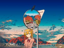 3girls absurdres akita_neru alternate_costume anger_vein aqua_hair bird blonde_hair bow bowtie cardigan closed_mouth cloud crow drill_hair grey_skirt hatsune_miku highres holding holding_phone kasane_teto looking_at_viewer miniskirt multiple_girls outdoors phone red_bow red_bowtie red_hair scenery school_uniform shirt side_ponytail skirt taking_picture traffic_mirror triple_baka_(vocaloid) twin_drills twintails upper_body vocaloid walts_p. white_shirt yellow_eyes