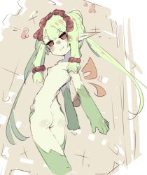 1girl arched_back ass blush closed_mouth colored_skin completely_nude cowboy_shot detached_wings ear_blush fairy_wings female_focus flat_chest from_behind green_hair green_skin hair_ornament hair_scrunchie hairband happy highres jitome long_hair looking_at_viewer looking_back monster_girl multicolored_skin nose_blush nude orange_wings original pointy_ears red_eyes red_hairband red_scrunchie scrunchie sidelocks sketch smile solo sparkle split_mouth standing twintails two-tone_skin unarsite v-shaped_eyebrows wings