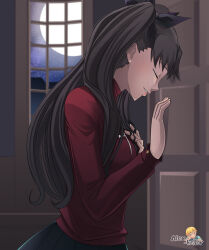 1girl against_door alex_kellar artist_name black_hair breasts closed_eyes fate/stay_night fate_(series) hair_ribbon hand_on_own_chest house long_hair moon night night_sky ribbon skirt sky solo tohsaka_rin two_side_up watermark window