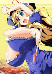 1girl :d areola_slip arm_above_head blonde_hair blue_eyes blush bouncing_breasts bow breasts chopsticks cleavage dress fang female_focus gigantic_breasts grill hat hat_bow hat_ribbon huge_breasts impossible_clothes impossible_dress long_hair navel open_mouth ribbon shiny_skin smile solo toudori touhou unaligned_breasts wide-eyed yakumo_yukari