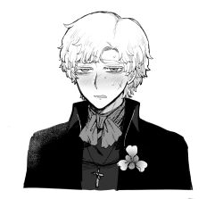 Rule 34 | 1boy, ascot, black jacket, commentary, cross, cross necklace, crucifix, flower, highres, identity v, jacket, jewelry, male focus, necklace, scar, short hair, solo, sweat, tendenbarabara, upper body, victor grantz, white background