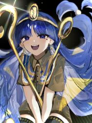 1girl :d black_background black_thighhighs blue_eyes blue_hair brown_shirt brown_shorts collared_shirt cowboy_shot facial_mark gold_headband hands_on_lap highres long_hair looking_at_viewer low-tied_long_hair michigami_nareko open_mouth scepter shirt short_sleeves shorts signature sitting smile solo thighhighs touhou triangle triangle_facial_mark usekh_collar very_long_hair wamaru