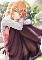 1girl aged_up alternate_breast_size blouse blush brown_pantyhose brown_skirt closed_mouth collared_shirt commentary_request day feet_out_of_frame flower gochuumon_wa_usagi_desu_ka? hair_between_eyes hair_flower hair_ornament hairclip head_tilt highres hoto_cocoa hugging_own_legs knees_to_chest knees_up ks_(xephyrks) lamppost long_hair long_skirt looking_at_viewer orange_hair outdoors panties panties_under_pantyhose pantyhose pink_flower pink_vest purple_eyes shirt sitting skirt smile solo thighband_pantyhose underwear upskirt vest white_panties white_shirt