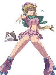 1girl agnes_claudel beret blonde_hair blue_eyes bun_with_braided_base chiharu_(9654784) crop_top double-parted_bangs eiyuu_densetsu fishnet_thighhighs fishnets floating_hair floating_scarf frilled_skirt frills green_eyes hair_between_eyes hair_bun hat highres kai_no_kiseki kuro_no_kiseki_(series) long_hair looking_at_viewer midriff mishy navel red_hat roller_skates scarf simple_background single_side_bun sitting skates skirt smile solo stuffed_animal stuffed_toy suspender_skirt suspenders thighhighs v white_background