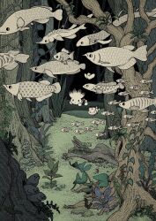 Rule 34 | 2boys, absurdres, animal, bird, black shorts, commentary request, creature, eel, fish, floating, flower, flying fish, foliage, grass, hatching (texture), highres, leaf, linear hatching, multiple boys, muted color, nature, original, outdoors, plant, rock, scenery, shorts, solid circle eyes, sparkle, stippling (texture), takitasaki, tree, vines