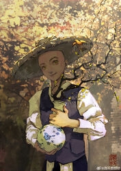 1boy absurdres animal aqiu4682 bald bird black_pants brown_eyes brown_hat chinese_clothes closed_mouth cowboy_shot day happy hat highres holding_vase lips long_sleeves looking_at_animal male_focus original outdoors pants pocket puffy_long_sleeves puffy_sleeves purple_vest shirt signature smile solo standing straw_hat sun_hat sunlight tree vest watermark weibo_watermark white_shirt