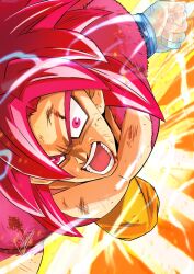 1boy aura blood blood_on_face clenched_hand commentary_request dirty dirty_clothes dragon_ball dragon_ball_daima incoming_attack incoming_punch kouta_decade long_hair male_focus muscular muscular_male open_mouth orange_pants pants pectorals punching red_eyes red_fur red_hair scratches signature solo son_goku spiked_hair super_saiyan super_saiyan_4 teeth topless_male wristband