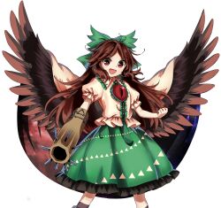 :d absurdres antinomy_of_common_flowers brown_hair cape flimsy_market1893 green_skirt harukawa_moe_(style) highres open_mouth reiuji_utsuho skirt smile tagme touhou urban_legend_in_limbo wings