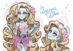 1girl absurdly_long_hair anchor_earrings aqua_hair aqua_skin arm_fins armlet bare_shoulders bead_choker beads blonde_hair blue_skirt bow bow_skirt breasts character_name choker cleavage closed_mouth colored_skin commentary cross-laced_clothes cross-laced_one-piece_swimsuit curly_hair denim denim_skirt earrings english_commentary eyelashes eyewear_on_head fins fish flower green_eyes hair_beads hair_flower hair_ornament happy head_fins head_tilt heart heart-shaped_eyewear high-waist_skirt highres jewelry layered_skirt libbly_libby light_blush long_hair looking_at_viewer miniskirt mismatched_earrings monster_high monster_high_(g1) multicolored_hair multiple_views one-piece_swimsuit pendant pink-tinted_eyewear pink_bow pink_flower pink_one-piece_swimsuit pink_skirt scale_print seahorse seahorse_earrings see-through_skirt_layer shell_bag side_slit simple_background skirt smile sparkle streaked_hair sunglasses swimsuit swimsuit_under_clothes tinted_eyewear two-tone_hair very_long_hair water_lily_flower webbed_hands white_background white_bag white_choker