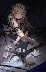 1girl absurdres bare_shoulders black_collar black_dress blonde_hair blue_eyes breasts cartethyia_(wuthering_waves) checkered_floor collar commentary crown_of_thorns dress earrings flower hair_intakes hidulume highres jewelry kneeling long_hair open_mouth parted_bangs pointy_ears reaching restrained sidelocks small_breasts solo sword tabard tacet_mark_(wuthering_waves) thighs very_long_hair weapon white_flower white_tabard wuthering_waves