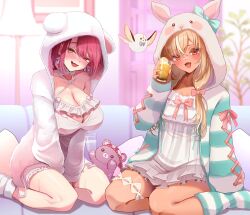 2girls :d absurdres animal_hood between_legs blonde_hair blurry blurry_background blush bow breasts chest_bow cleavage commentary couch criss-cross_halter cross-laced_clothes cross-laced_sleeves cup dark-skinned_female dark_skin dress drink earrings elf elfriend_(shiranui_flare) empire_waist fanged_bangs frilled_dress frills full_body fur_jacket green_socks hair_over_shoulder halterneck hand_between_legs heart heart_earrings highres hinoki_kahun0 holding holding_cup hololive hood hood_up hooded_jacket houshou_marine houshou_marine_(loungewear) indoors jacket jewelry kneehighs large_breasts long_hair looking_at_viewer low_twintails multicolored_hair multiple_girls no_shoes official_alternate_costume official_alternate_hair_length official_alternate_hairstyle on_couch open_mouth orange_eyes pink_bow plant pointy_ears potted_plant red_hair shiranui_flare shiranui_flare_(loungewear) short_dress short_hair sitting sleeves_past_wrists smile socks streaked_hair striped_clothes striped_jacket striped_socks swept_bangs thigh_strap twintails virtual_youtuber white_dress white_hair white_jacket white_socks yellow_eyes
