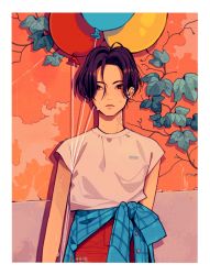 Rule 34 | 1boy, balloon, bandaid, bandaid on neck, bare arms, blue sweater, brown eyes, closed mouth, clothes around waist, commentary request, cowboy shot, ear piercing, earrings, highres, hoop earrings, ikkaf sk, jewelry, leaf, looking at viewer, male focus, orange background, original, outdoors, pants, piercing, plant, purple hair, red pants, shirt, short hair, short sleeves, solo, sweat, sweater, sweater around waist, t-shirt, vines, white shirt