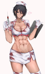 1girl :q abs absurdres black_hair blood blood_on_clothes blood_on_gloves blood_on_hat blue_eyes breasts chest_strap cleavage clipboard cropped_shirt dark-skinned_female dark_skin earrings hair_between_eyes hat heart heart_earrings highres holding holding_clipboard holding_syringe jewelry large_breasts looking_at_viewer miniskirt muscular muscular_female navel nurse nurse_cap original shirt simple_background skirt smile solo stomach stud_earrings syringe thighhighs thighs tongue tongue_out white_shirt white_skirt white_thighhighs yakan_(mihag3000)
