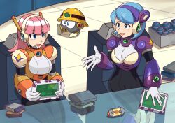 Rule 34 | 2girls, android, blue hair, blush, breasts, kotatuman dash, large breasts, long hair, luna (mega man), mega man (series), mega man maverick hunter x, mega man x (series), minerva (mega man), multiple girls, pink hair, short hair, smile