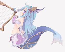 1girl absurdres ahoge bare_shoulders blue_hair breasts dilated_pupils emil_chronicle_online frilled_skirt frilled_sleeves frills from_side grey_background hair_ornament harp highres holding holding_microphone horns instrument lorelei_lore mermaid microphone monster_girl pink_skirt skirt small_breasts