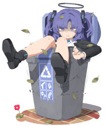 Rule 34 | 1girl, absurdres, arrow (symbol), black halo, black jacket, black shoes, blue archive, blue necktie, bright pupils, collared shirt, commentary request, crack, csham, flower, full body, hair intakes, hair ornament, halo, hands up, highres, in container, in trash can, jacket, knees together feet apart, knees up, leaf, leaf on head, long hair, long sleeves, looking down, mechanical halo, motion lines, necktie, open mouth, purple eyes, purple hair, recycling symbol, red flower, school uniform, shaded face, shirt, shoe soles, shoes, simple background, sitting, solo, sweatdrop, trash can, trembling, triangle hair ornament, two side up, white background, white pupils, white shirt, yuuka (blue archive)