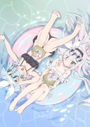 2girls adjusting_eyewear arona_(blue_archive) bare_legs bare_shoulders barefoot bikini black_bikini black_eyes black_hairband blue_archive blue_eyes blue_hair blue_halo blue_innertube blush bow bow_hairband braid breasts closed_mouth cocktail_umbrella coconut_cup colored_inner_hair cup dot_mouth dot_nose drinking_straw eyes_visible_through_hair eyewear_on_head feet fingernails frilled_bikini frills from_above hair_bow hair_over_one_eye hair_spread_out hairband halo highres holding holding_cup innertube knees_up loli long_hair looking_at_viewer multicolored_hair multicolored_innertube multiple_girls nemo_(leafnight) on_innertube on_water open_mouth pink_hair pink_halo pink_innertube plana_(blue_archive) red_pupils ruffle_bikini short_hair single_braid small_breasts sunglasses swim_ring swimsuit thighs toenails toes two-tone_hair two-tone_innertube very_long_hair water white_bikini white_bow white_hairband