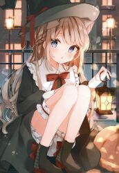 Rule 34 | 1girl, :o, absurdres, black boots, black dress, black hat, bloomers, blue nails, blurry, blurry background, blush, boots, bow, bowtie, braid, brown hair, building, city, collar, dress, fence, frilled collar, frills, hat, heripiro, highres, holding, holding lantern, jack-o&#039;-lantern, lamppost, lantern, long hair, long sleeves, looking at another, multicolored nails, night, non-web source, orange nails, original, outdoors, red bow, single braid, solo, squatting, swept bangs, underwear, white bloomers, witch hat