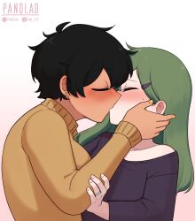 2girls absurdres black_hair blush breasts closed_eyes cup dark-skinned_female dark_skin drunk earrings fang green_eyes green_hair hair_ornament hairclip hand_on_another&#039;s_cheek hand_on_another&#039;s_face highres igarashi_futaba jewelry kiss kurobe_natsumi large_breasts multiple_girls oversized_clothes oversized_shirt panqlao ring senpai_ga_uzai_kouhai_no_hanashi shirt short_hair squishing sweater wedding_ring yuri