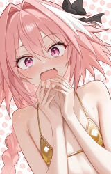 1boy absurdres armpit_crease astolfo_(fate) bikini fate_(series) flat_chest gold_bikini golden_week highres looking_at_viewer male_focus micro_bikini open_mouth patyu3 pink_hair solo surprised swimsuit textless_version trap