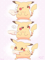 1other biting blush_stickers brown_eyes closed_mouth commentary_request fang fang_out gen_1_pokemon highres mugita_konomi nintendo one_eye_closed pikachu pink_background pokemon pokemon_(creature) twitter_username