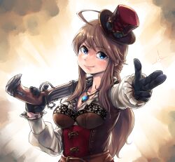 1girl absurdres ahoge black_gloves blue_eyes breasts brown_hair cleavage closed_mouth commentary english_commentary gloves gun hat highres hold111 holding holding_gun holding_weapon idolmaster idolmaster_million_live! idolmaster_million_live!_theater_days jewelry long_hair long_sleeves medium_breasts necklace official_alternate_hairstyle pointing puffy_sleeves smile solo tokoro_megumi top_hat upper_body weapon
