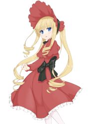 1girl absurdres blonde_hair blue_eyes blush bonnet dress drill_hair highres lolita_fashion long_hair looking_at_viewer open_mouth pantyhose red_dress ribbonsnek rozen_maiden shinku simple_background solo transparent_background twintails very_long_hair white_pantyhose