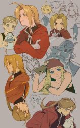 Rule 34 | 1girl, 2boys, :3, ahoge, alphonse elric, armor, bandana, black jacket, blonde hair, blue eyes, braid, coat, crossed arms, dog, edward elric, full armor, fullmetal alchemist, furrowed brow, gloves, greyscale, grin, highres, holding, holding jar, jacket, jar, long hair, monochrome, multiple boys, orange eyes, own hands together, parted bangs, red bandana, red coat, short hair, shoulder spikes, single braid, sketch, smile, spikes, tassel, teeth, upper body, v, wantamushroom, watch, white gloves, winry rockbell