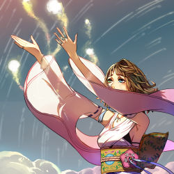 00s 1girl blue_eyes bracelet brown_hair detached_sleeves female_focus final_fantasy final_fantasy_x green_eyes heterochromia jewelry nanjou_(sumeragimishiro) ring sky solo tears wide_sleeves yuna yuna_(ff10)