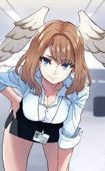1girl absurdres alternate_costume black_skirt blue_eyes breasts brown_hair cleavage closed_mouth collared_shirt commentary cowboy_shot dress_shirt eunie_(xenoblade) grimmelsdathird hand_on_knee hand_on_own_hip hand_on_own_knee head_wings highres id_card large_breasts leaning_forward long_hair medium_hair miniskirt office_lady pencil_skirt shirt skirt smile solo swept_bangs white_shirt wings xenoblade_chronicles_(series) xenoblade_chronicles_3