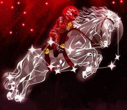 1boy charles_leclerc commentary constellation crystal crystal_tail english_commentary ferrari formula_one helmet highres horse horseback_riding jumpsuit male_focus racing_suit real_life red_footwear red_helmet red_jumpsuit riding saddle schumisnoopy shell_(company) signature solo