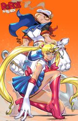 1boy 1girl alternate_costume anchor arm_up arms_at_sides back_bow bald bishoujo_senshi_sailor_moon blonde_hair blue_eyes blue_sailor_collar blue_skirt boots bow bowtie cape choker closed_eyes closed_mouth crescent crescent_earrings crossover diadem earrings expressionless full_body gloves hat highres holding holding_anchor jewelry lips looking_at_viewer magical_girl marcus_williams microskirt on_one_knee outstretched_arm panties pants pipe_in_mouth pleated_skirt popeye popeye_the_sailor red_bow red_bowtie red_choker red_panties sailor sailor_collar sailor_hat sailor_moon sailor_senshi sailor_senshi_uniform short_cape short_sleeves skirt smoke smoking smoking_pipe standing tsukino_usagi twintails underwear v v-shaped_eyebrows white_pants