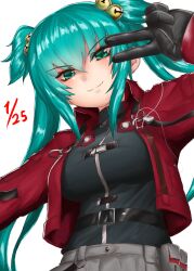 1girl absurdres aqua_hair bell black_gloves breasts closed_mouth cui_yifei gloves hair_bell hair_ornament highres jacket long_hair looking_at_viewer muv-luv muv-luv_alternative muv-luv_total_eclipse nanabankarasu red_jacket simple_background skirt smile solo twintails v very_long_hair white_background