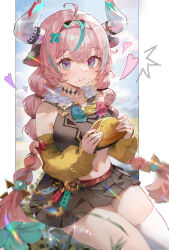 Rule 34 | 1girl, ^^^, absurdres, ahoge, animal ears, bare shoulders, black skirt, braid, breasts, commentary, cow ears, cow girl, cow horns, detached sleeves, eating, english commentary, food, food on face, genshin impact, heart, highres, holding, holding food, horns, hui zhong zhi meng, large breasts, long hair, looking at viewer, multicolored hair, navel, pink hair, pleated skirt, purple eyes, single thighhigh, sitting, skirt, solo, streaked hair, taco, thighhighs, twin braids, varesa (genshin impact), white horns